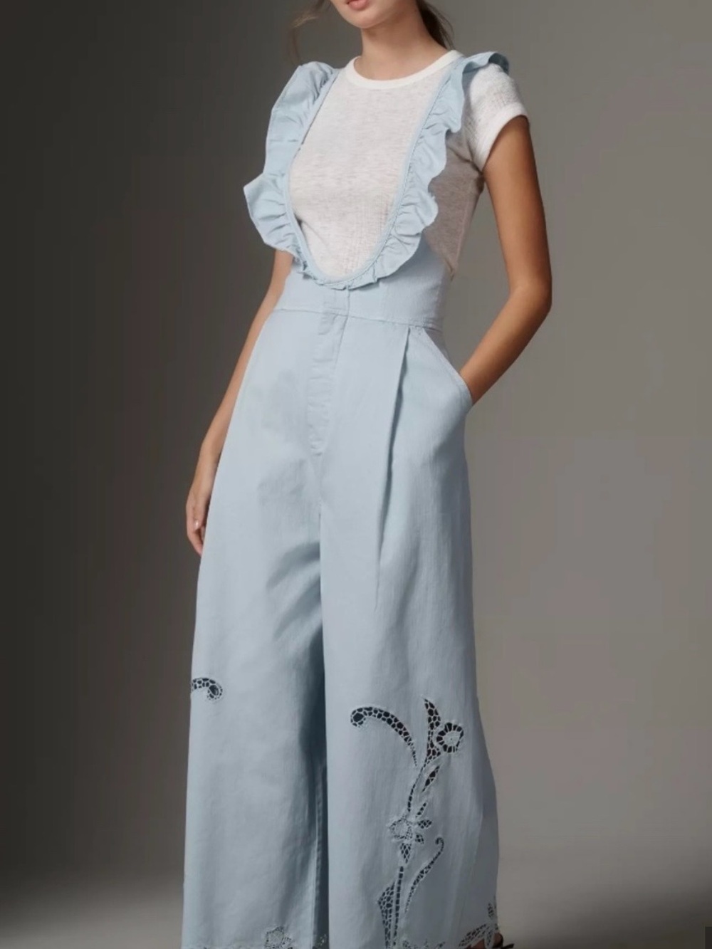 Anthropologie Light Blue Ruffle-Strap Wide-Leg Jumpsuit